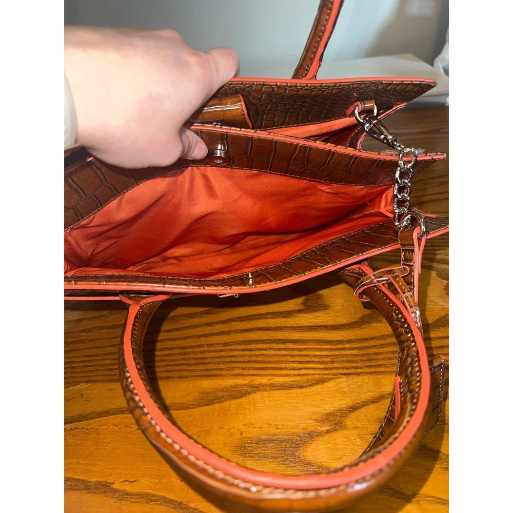 Nine West Brown Croc Embossed Satchel Handbag Orange Trim Crossbody Bag
